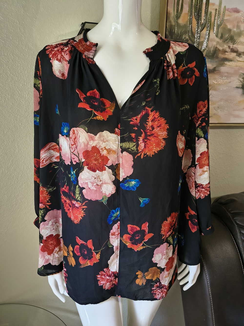 Worthington Black Floral V-Neck Blouse with Red & Pink Flowers